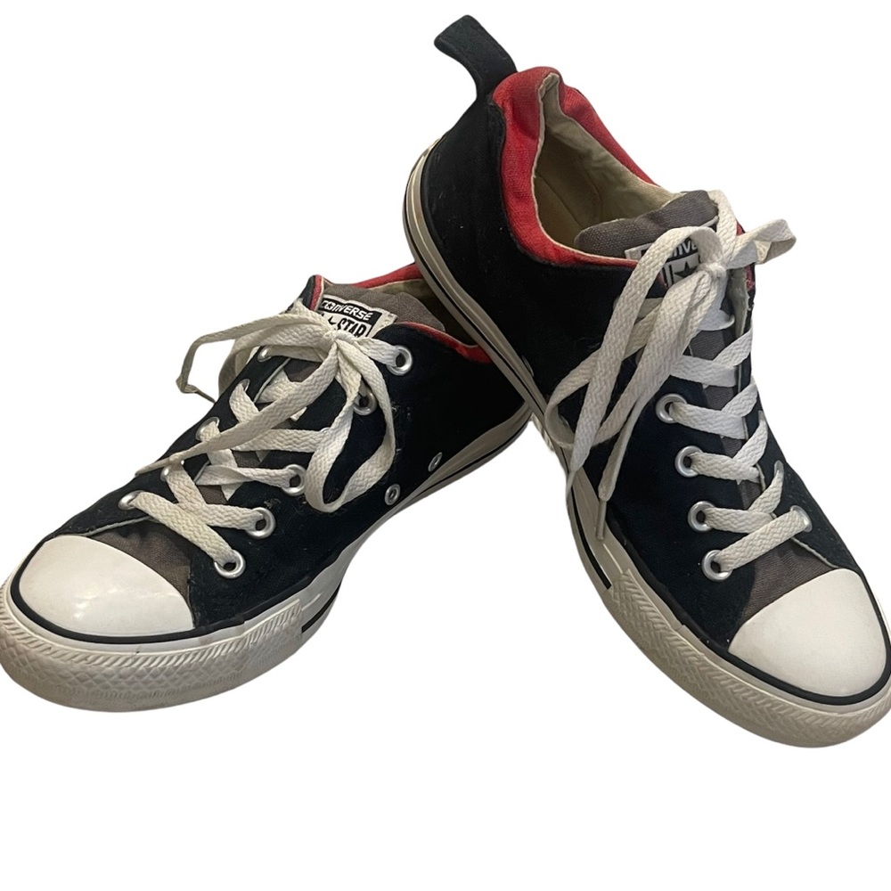 CONVERSE ALL STAR Men’s Low Top Black White & Red Canvas Sneakers Shoes Size 7.5